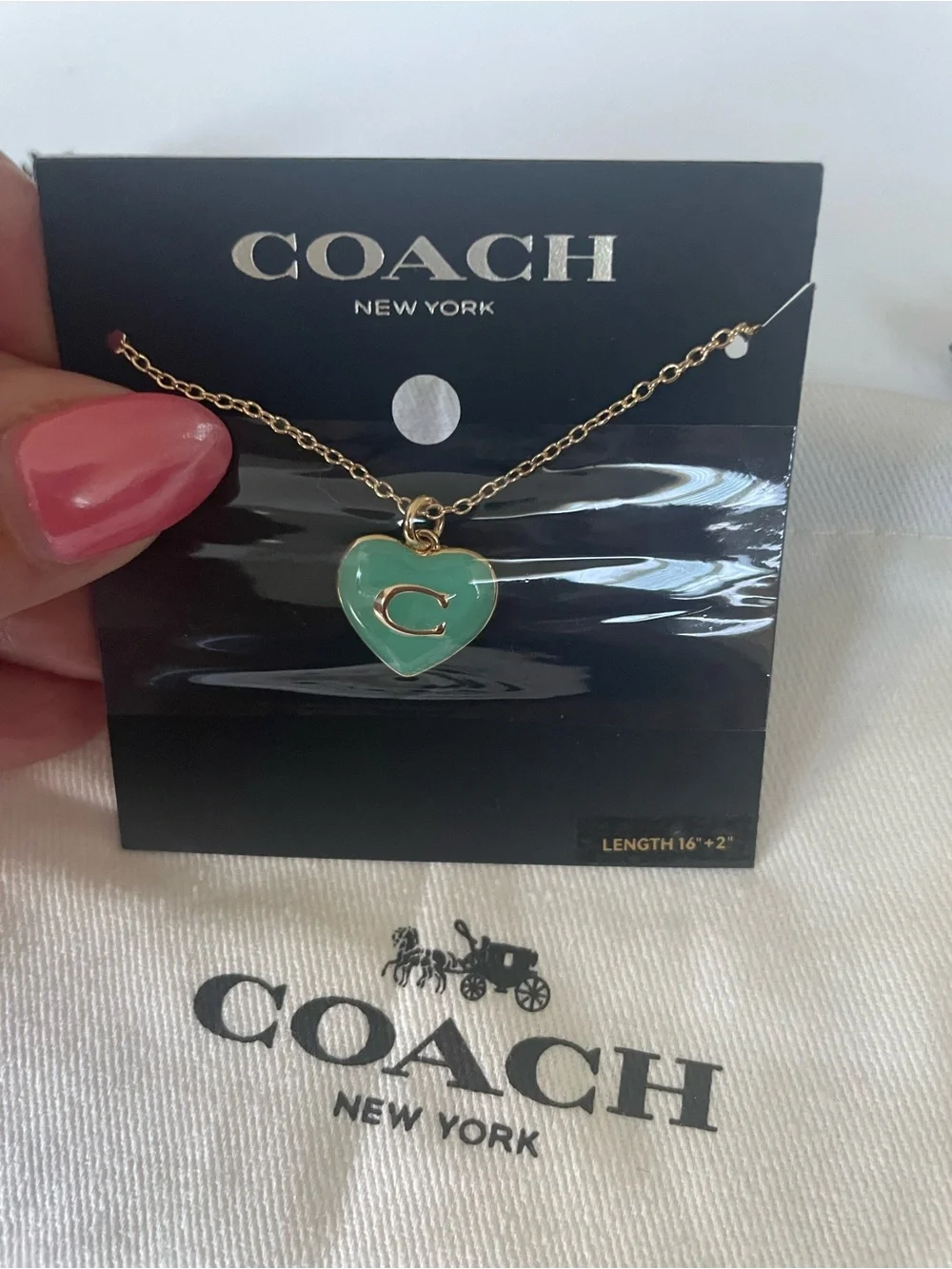 Coach Mint Green Heart Pendant Necklace with Gold 'C'